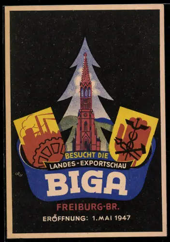 AK Freiburg, Landes-Exportschau Biga 1947, Werbebild mit Münster im Baum