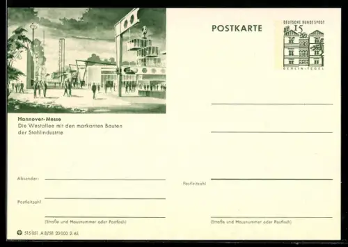 AK Hannover, Messe, Die Westallee mit markanten Bauten der Stahlindustrie