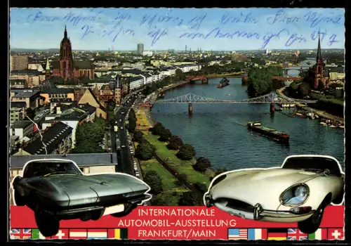 AK Frankfurt /Main, Internationale Automobil Ausstellung, Mainufer mit Dom und Eiserner-Steg