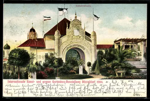 AK Düsseldorf, Internationale Kunst- u. Gartenbau-Ausstellung 1904, Industriehalle in der Aussenansicht