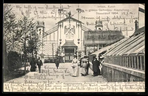 AK Düsseldorf, Internationale Kunst- u. Gartenbau-Ausstellung 1904, Hauptblumenhalle in der Aussenansicht