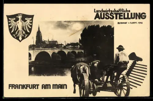 AK Frankfurt am Main, Landwirtschaftliche Ausstellung 1948, Bauer, Ortspartie und Wappen