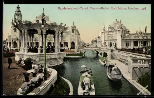 AK London, Franco-British Exhibition 1908, Bandstand and Canal