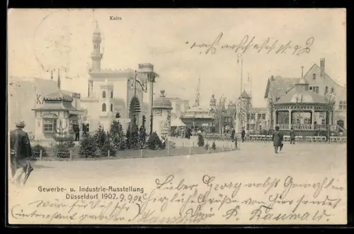 AK Düsseldorf, Gewerbe- u. Industrie-Ausstellung 1902, Ausstellunsgelände mit Pavillon