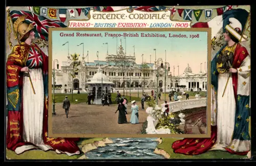 AK London, Franco-British Exhibition 1908, Grand Restaurant, Entente Cordiale, Ausstellung, Frauen mit Fahnen