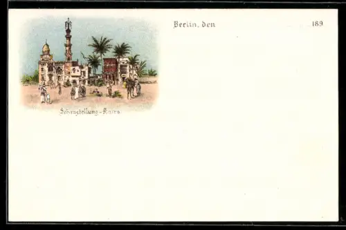Lithographie Berlin, Schaustellung Kairo, Ortspartie mit Kamel und Palmen