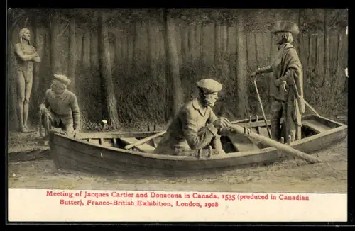 AK London, Franco-British Exhibition 1908, Meeting of Jacques Cartier an Donacona in Canada 1535