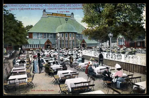 AK Dresden, Internationale Hygiene-Ausstellung 1911, Lang`s Münchner Bierhalle & Konzertgarten Hackerbräu