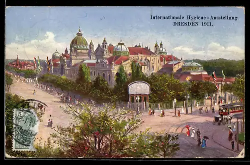 AK Dresden, Internationale Hygiene-Ausstellung 1911, Eingang aus der Vogelschau