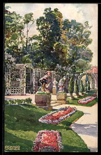 Künstler-AK sign. Richard Wagner: München, Bayerische Gewerbeschau 1912, Laubengang mit Grotesk-Figuren