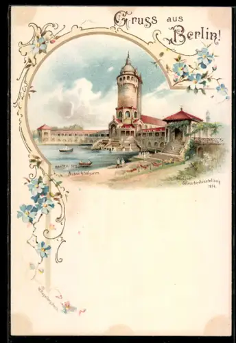 Lithographie Berlin, Gewerbe-Ausstellung 1896, Restaurant-Aussichtsturm