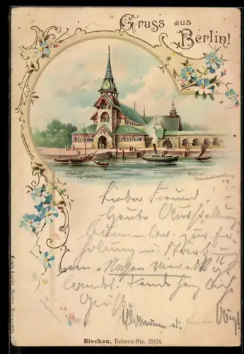 Lithographie Berlin, Gewerbe-Ausstellung 1896, Gebäude für Fischerei