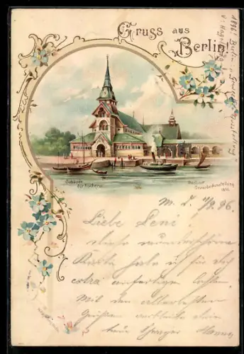 Lithographie Berlin, Gewerbe-Ausstellung 1896, Gebäude für Fischerei