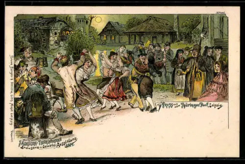 Lithographie Leipzig, Sächs. Thür. Industrie- und Gewerbeausstellung 1897, tanzendes Volk im Thüringer Dorf