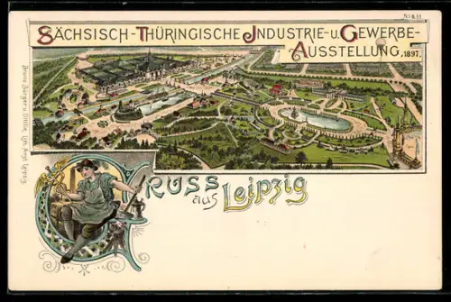 Lithographie Leipzig, Sächsisch-Thüringische Industrie- u. Gewerbeausstellung 1897, Vogelschau auf den Ort mit Park