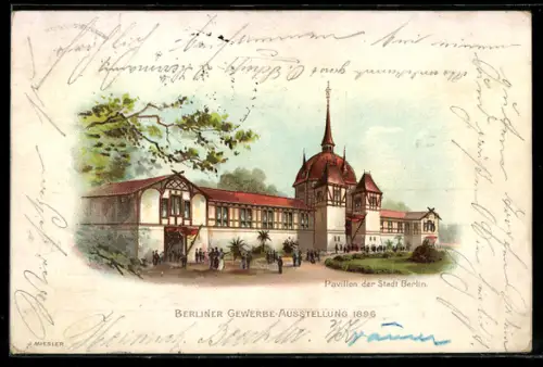Lithographie Berlin, Gewerbe-Ausstellung 1896, Pavillon der Stadt Berlin