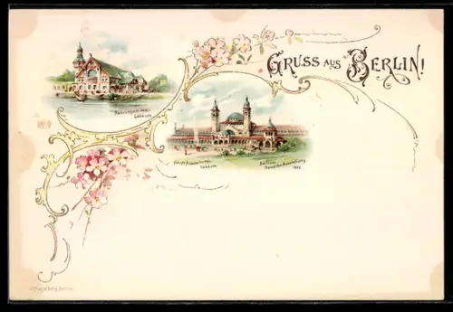 Lithographie Berlin, Gewerbe-Ausstellung 1896, Nahrungsmittel-Gebäude, Haupt-Ausstellungs-Gebäude