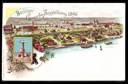 Lithographie Berlin, Gewerbe-Ausstellung 1896, Gesamtansicht, Hand mit Hammer