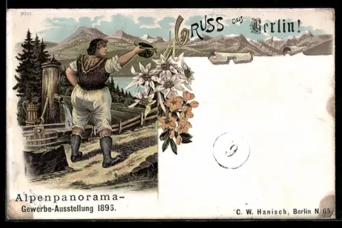 Lithographie Berlin, Gewerbe-Ausstellung 1896, Alpen-Panorama