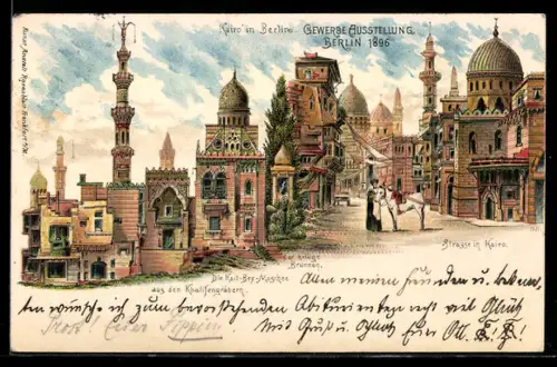 Lithographie Berlin, Gewerbe Ausstellung 1896, Kairo in Berlin, der heilige Brunnen, Strasse, Kait Bey Moschee