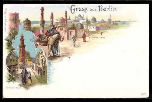 Lithographie Berlin, Gewerbe-Ausstellung 1896, Panorama Kairo, Strasse in Kairo