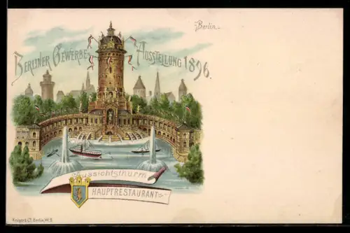 Lithographie Berlin, Gewerbe-Ausstellung 1896, Hauptrestaurant Aussichtsturm