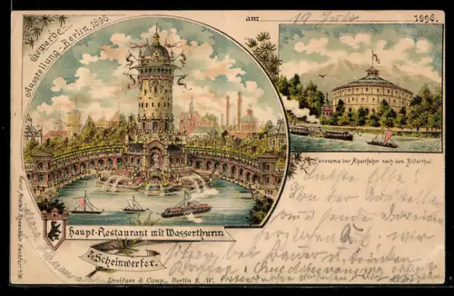 Lithographie Berlin, Gewerbe-Ausstellung 1896, Hamburger Hauptrestaurant mit Wasserthurm, Alpenfahrt