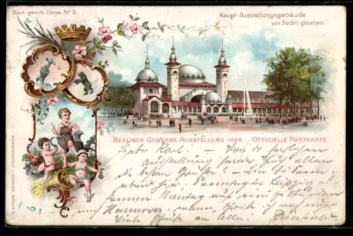 Lithographie Berlin, Berliner Gewerbe-Ausstellung 1896, Haupt-Ausstellungsgebäude v. Süden gesehen