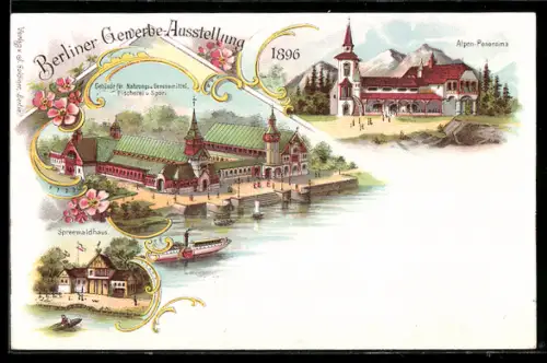 Lithographie Berlin, Gewerbe-Ausstellung 1896, Gebäude für Nahrungs- und Genussmittel, Alpen-Panorama, Spreewaldhaus