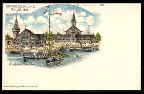 Lithographie Berlin-Treptow, Gewerbe-Ausstellung 1896, Fischerei-Ausstellung, Dampfer, Ruderboot