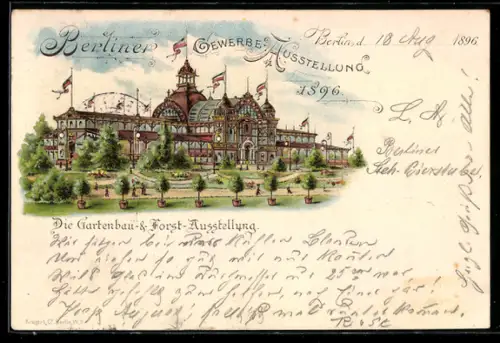 Lithographie Berlin, Gewerbe-Ausstellung 1896, Gartenbau- & Forst-Ausstellungsgebäude