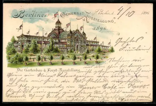 Lithographie Berlin, Gewerbe-Ausstellung 1896, Gartenbau- & Forst-Ausstellungsgebäude