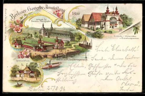 Lithographie Berlin, Gewerbe-Ausstellung 1896, Gebäude für Unterrichts- und Erziehungswesen