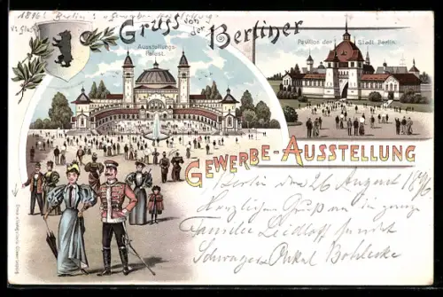 Lithographie Berlin, Gewerbe-Ausstellung 1896, Pavillon der Stadt Berlin, Ausstellungs-Palast
