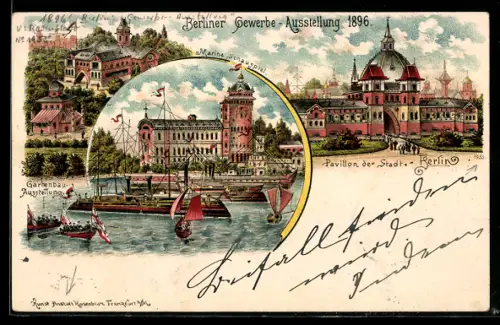 Lithographie Berlin, Berliner Gewerbe-Ausstellung 1896, Gartenbau-Ausstellung, Pavillon der Stadt Berlin