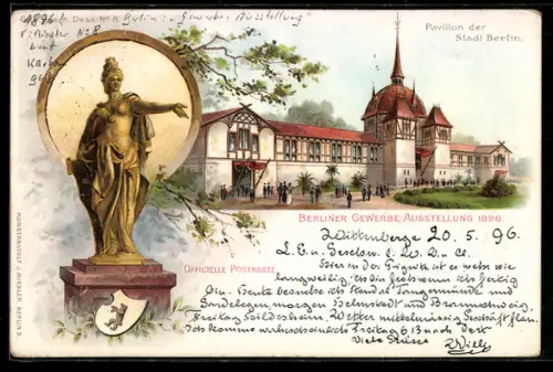 Lithographie Berlin, Gewerbe-Ausstellung 1896, Pavillon, Ausstellungsgebäude