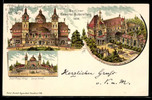 Lithographie Berlin, Gewerbe-Ausstellung 1896, Bau und Ingenieurwesen-Ausstellung, Hauptportal