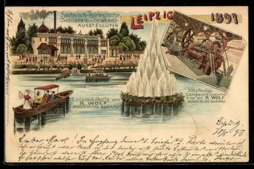 Lithographie Leipzig, Sächsisch-Thüringische Industrie- und Gewerbeausstellung 1897, Locomobilhalle von R. Wolf