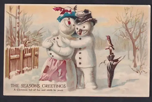 Mechanische-AK Verliebtes Schneemann-Paar steht lächelnd am Gartenzaun, Bewegliche Köpfe