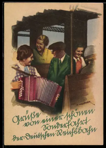Künstler-AK Frau mit Akkordeon unterhält die Leute im Abteil, Tourismus, Eisenbahn