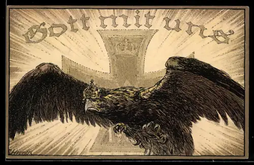 Künstler-AK Bruno Heroux: Gott mit uns, Adler mit Krone vor dem Kreuz