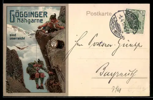 AK Gögginger Nähgarne, Bergsteiger hangelt sich am Faden herunter, Reklame