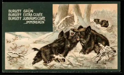AK Reklame für Burgeff Grün & Burgeff Jubiläums Cuvée Immergrün, Wildscheine im Kampf