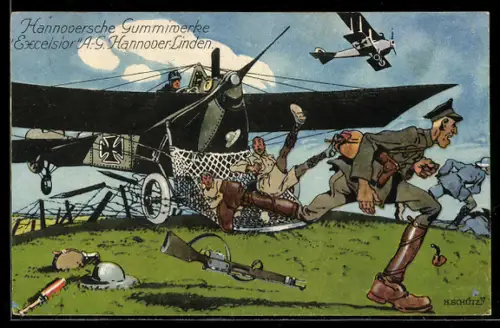AK Soldaten fliehen vor dem landenden Flugzeug, Reklame für Hannov. Gummiwerke Excelsior AG