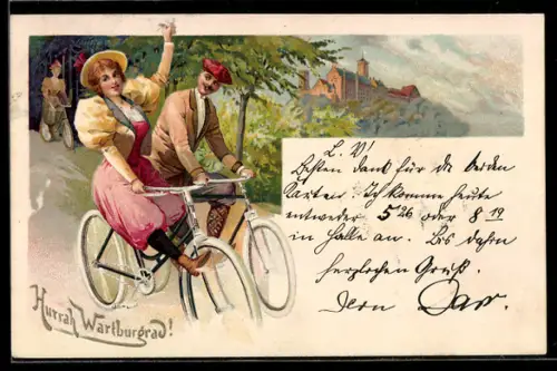 Lithographie Paar auf Wartburgrad Fahrrädern