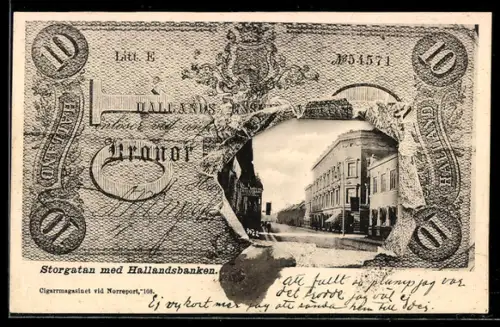 AK Halmstad, Geldschein 10 Kronor, Storgatan med Hallandsbanken