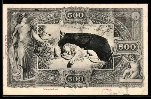 AK Luzern, Löwendenkmal, Geldschein 500 Franken