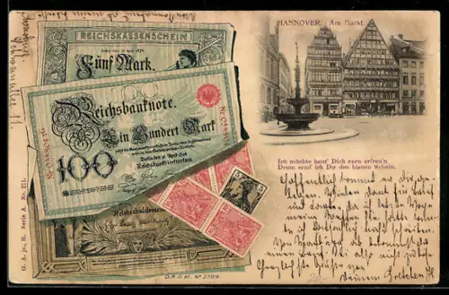 AK Hannover, Am Markt mit Geschäften und Brunnen, Geldscheine
