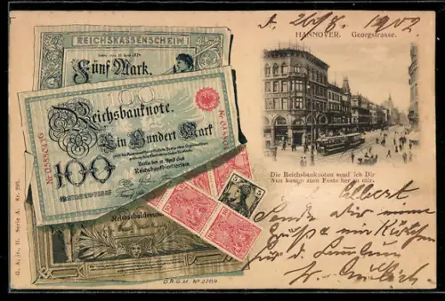 AK Hannover, Georgstrasse mit Strassenbahn, Geldschein Reichsbanknote 100 Mark