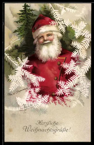 Künstler-AK Weihnachtsmann vor Tannenbäumen mit vereisten Zweigen